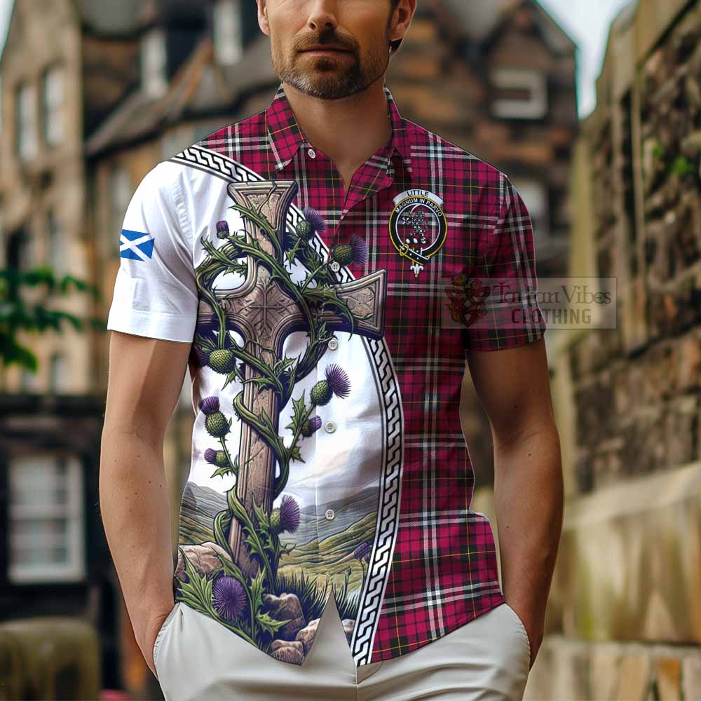 Tartan Vibes Clothing Little Tartan Short Sleeve Button Shirt with Family Crest and St. Andrew's Cross Accented by Thistle Vines