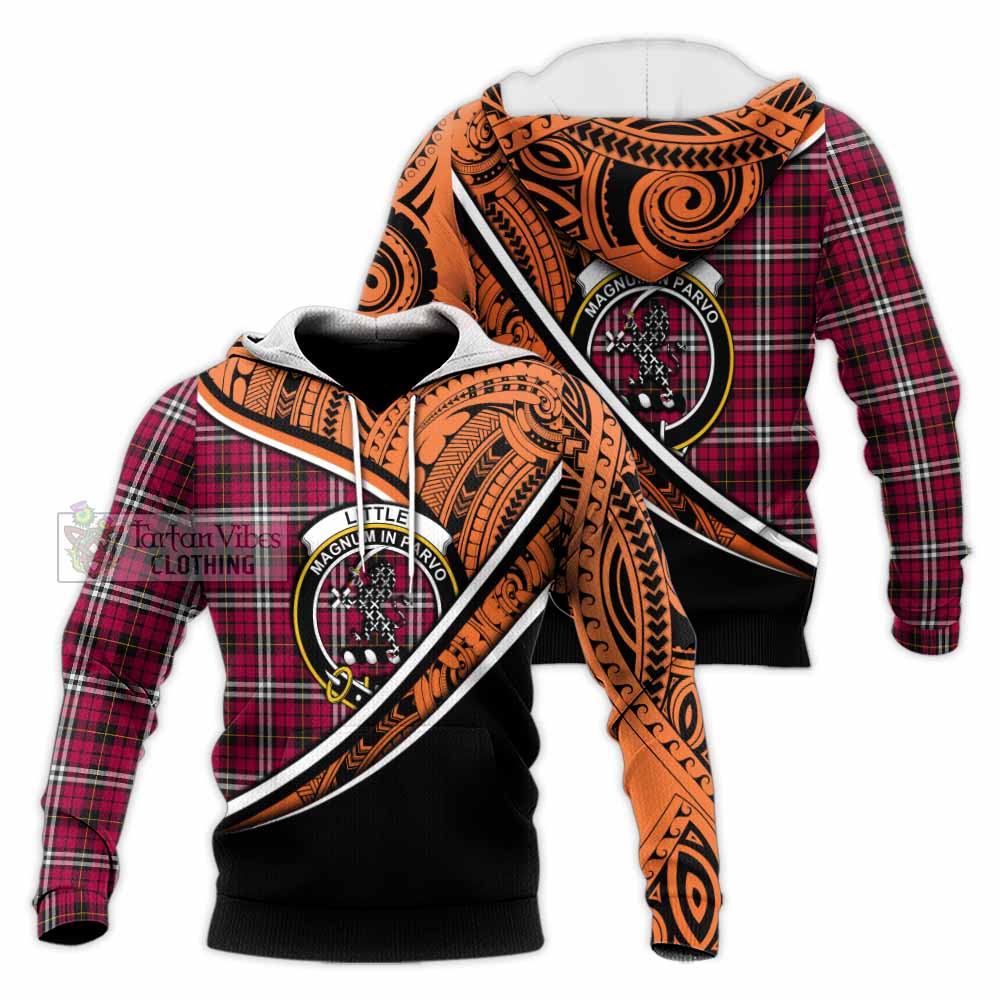 Tartan Vibes Clothing Little Crest Tartan Knitted Hoodie with Maori Tattoo Style - Orange Version