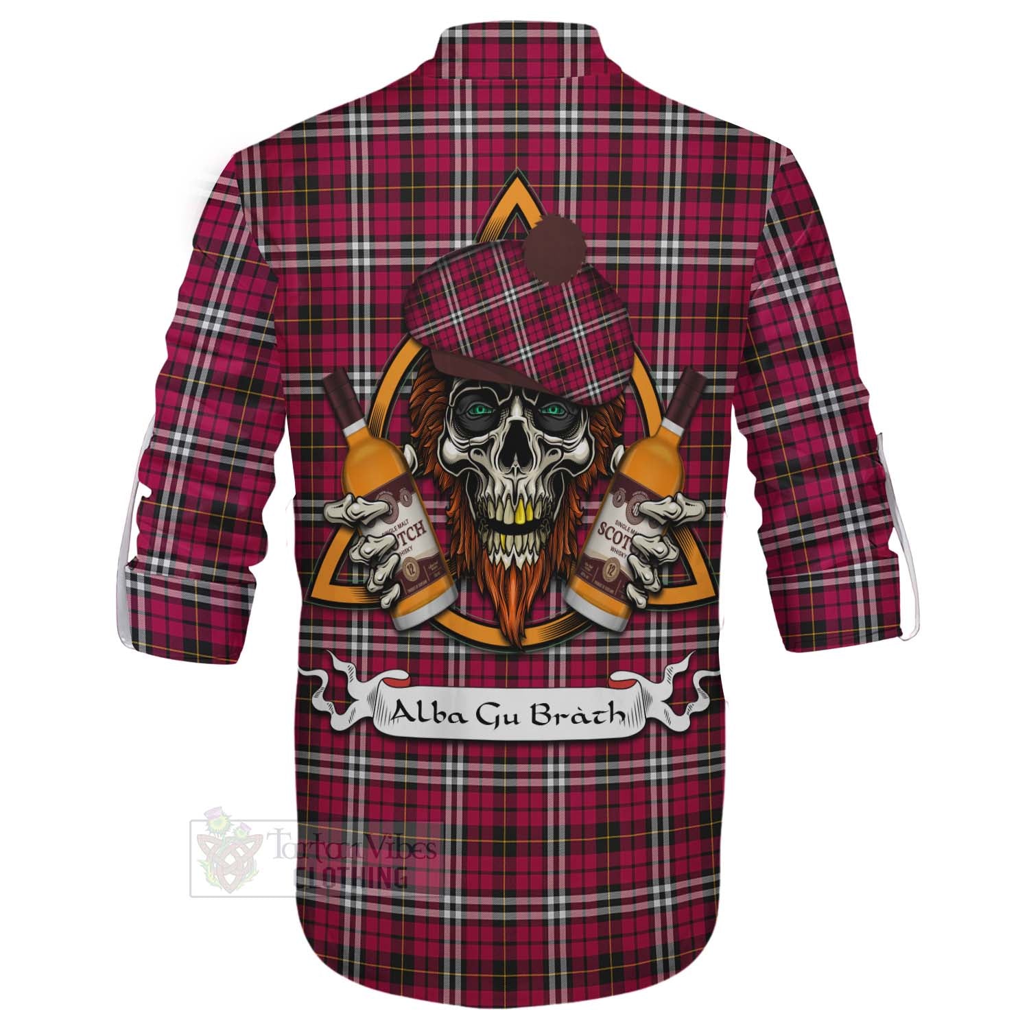 Tartan Vibes Clothing Little Tartan Ghillie Kilt Shirt with Family Crest and Bearded Skull Holding Bottles of Whiskey