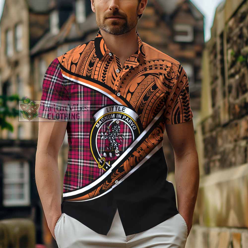 Tartan Vibes Clothing Little Crest Tartan Short Sleeve Button Shirt with Maori Tattoo Style - Orange Version