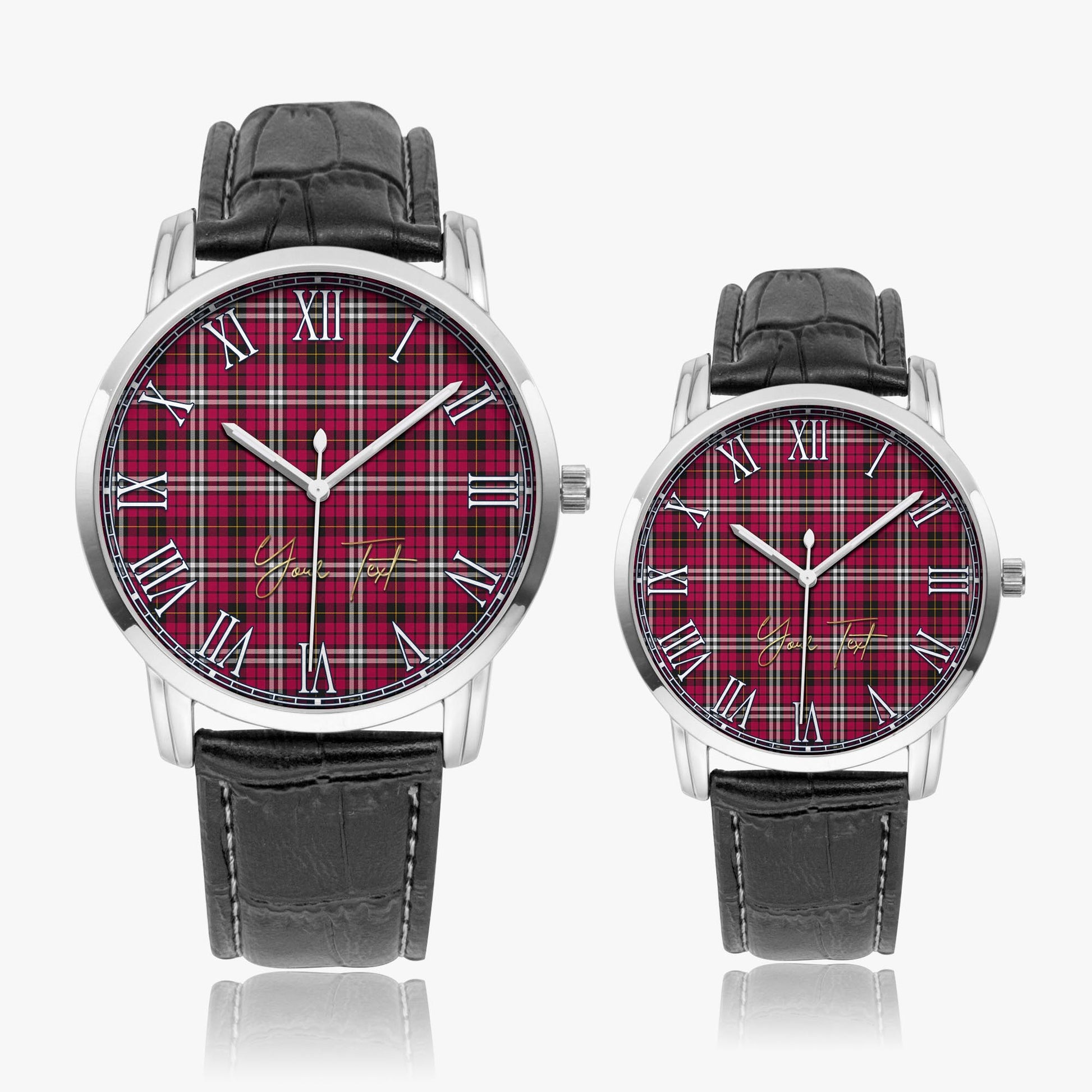 Little Tartan Personalized Your Text Leather Trap Quartz Watch Wide Type Silver Case With Black Leather Strap - Tartanvibesclothing