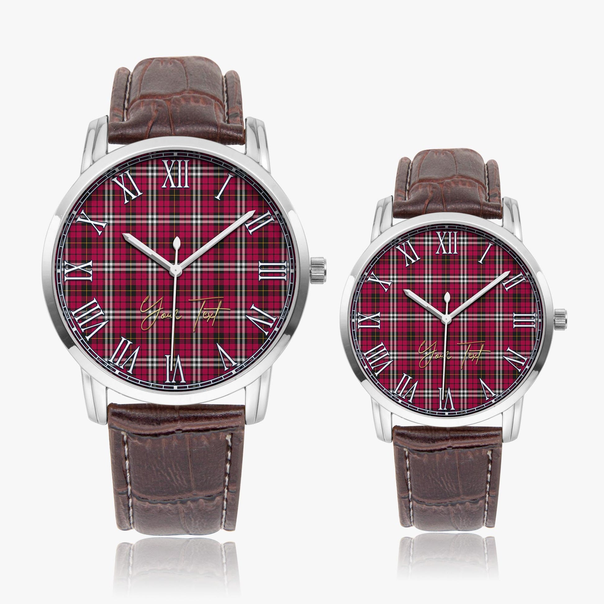 Little Tartan Personalized Your Text Leather Trap Quartz Watch Wide Type Silver Case With Brown Leather Strap - Tartanvibesclothing