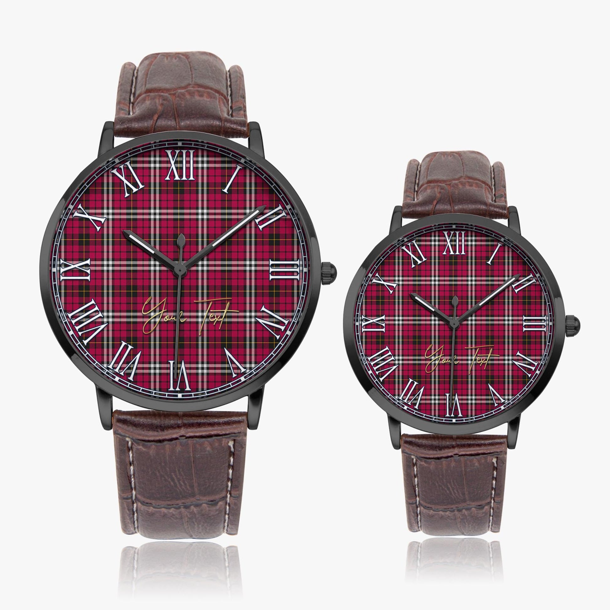 Little Tartan Personalized Your Text Leather Trap Quartz Watch Ultra Thin Black Case With Brown Leather Strap - Tartanvibesclothing