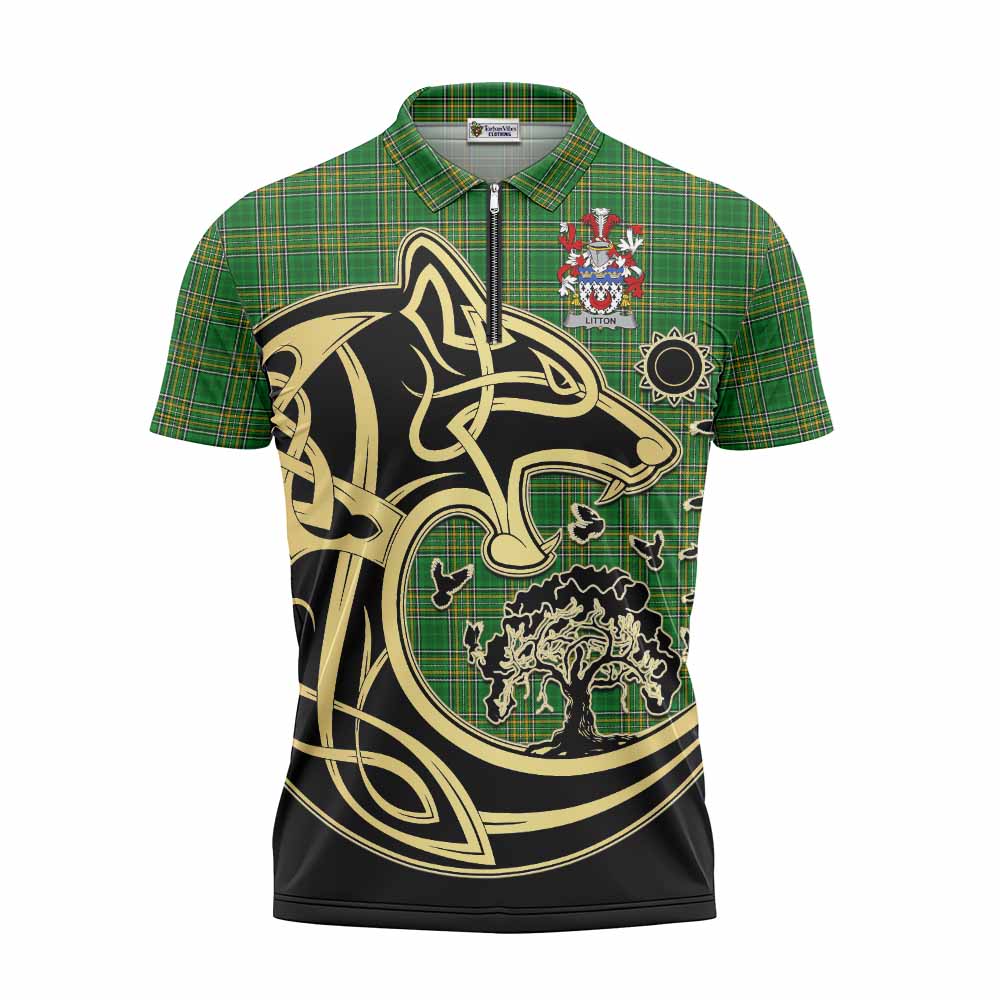 Tartan Vibes Clothing Litton Irish Tartan Zipper Polo Shirt with Coat of Arms Celtic Wolf Style