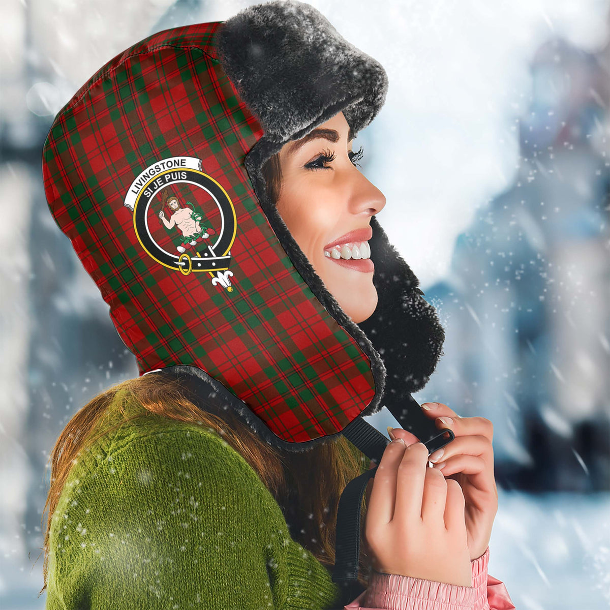 Livingstone Tartan Winter Trapper Hat with Family Crest Winter Trapper Hat Universal Fit Circumference 22.8in (58cm) - Tartan Vibes Clothing