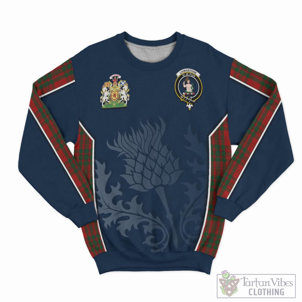 Tartan Vibes Clothing Livingston Tartan Sweatshirt with Family Crest and Scottish Thistle Vibes Sport Style