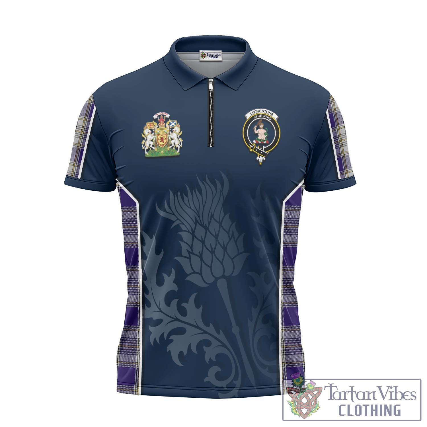 Tartan Vibes Clothing Livingston Dress Tartan Zipper Polo Shirt with Family Crest and Scottish Thistle Vibes Sport Style