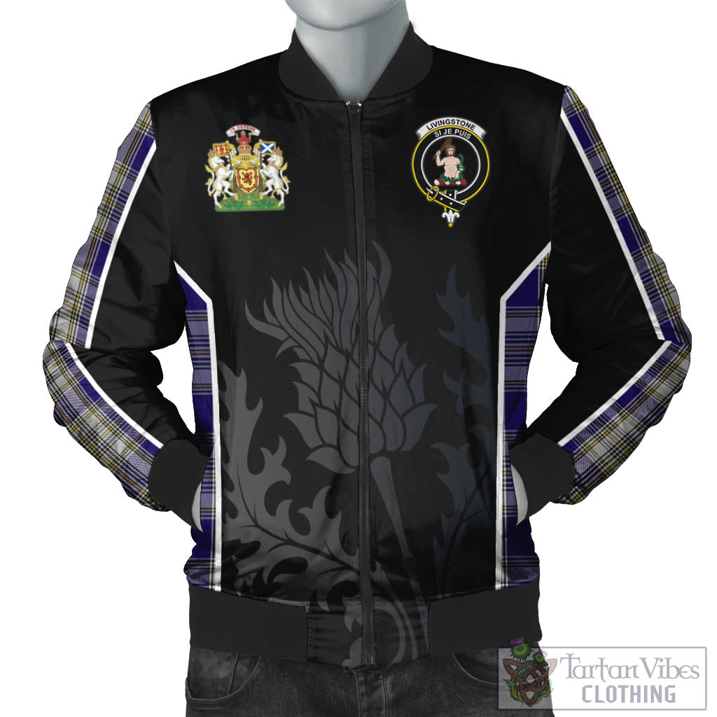 Tartan Vibes Clothing Livingston Dress Tartan Bomber Jacket with Family Crest and Scottish Thistle Vibes Sport Style