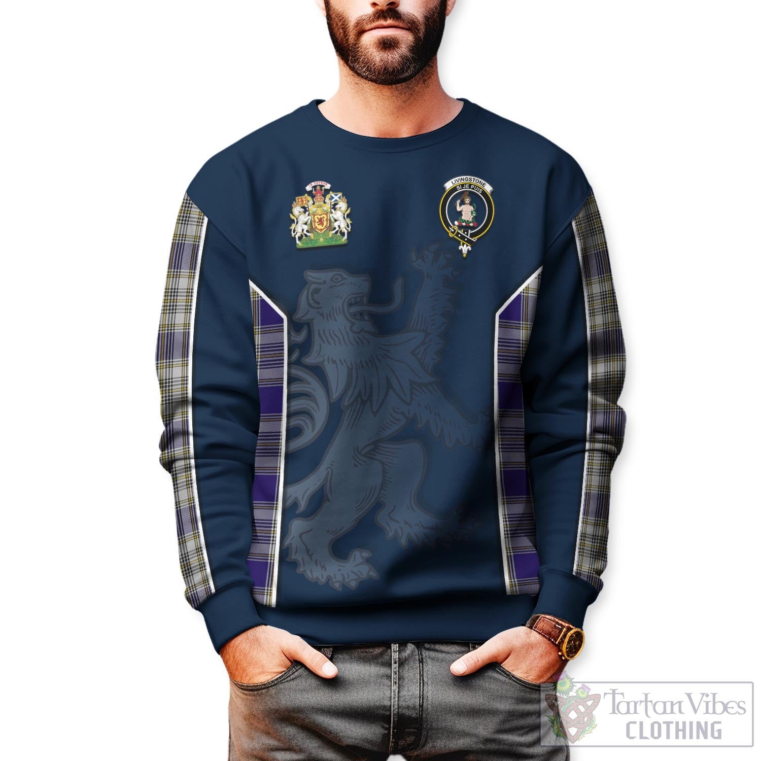 Tartan Vibes Clothing Livingston Dress Tartan Sweater with Family Crest and Lion Rampant Vibes Sport Style