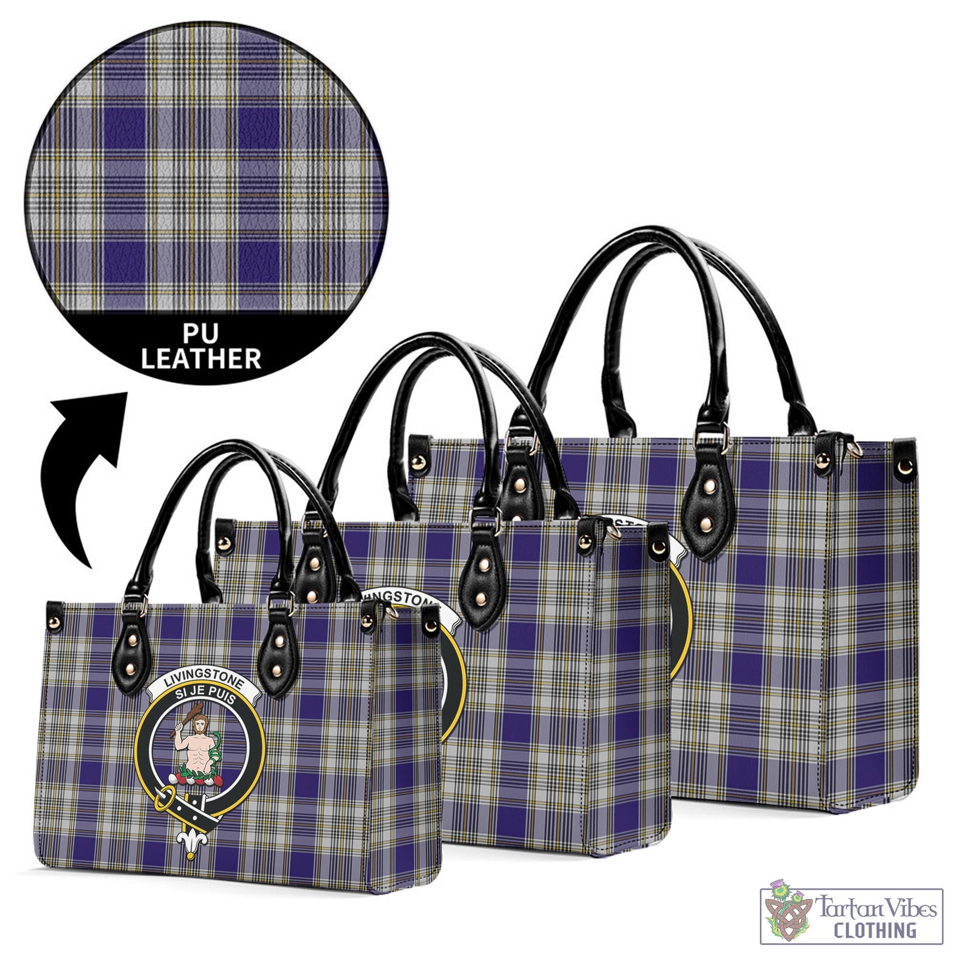 Tartan Vibes Clothing Livingston Dress Tartan Luxury Leather Handbags with Family Crest