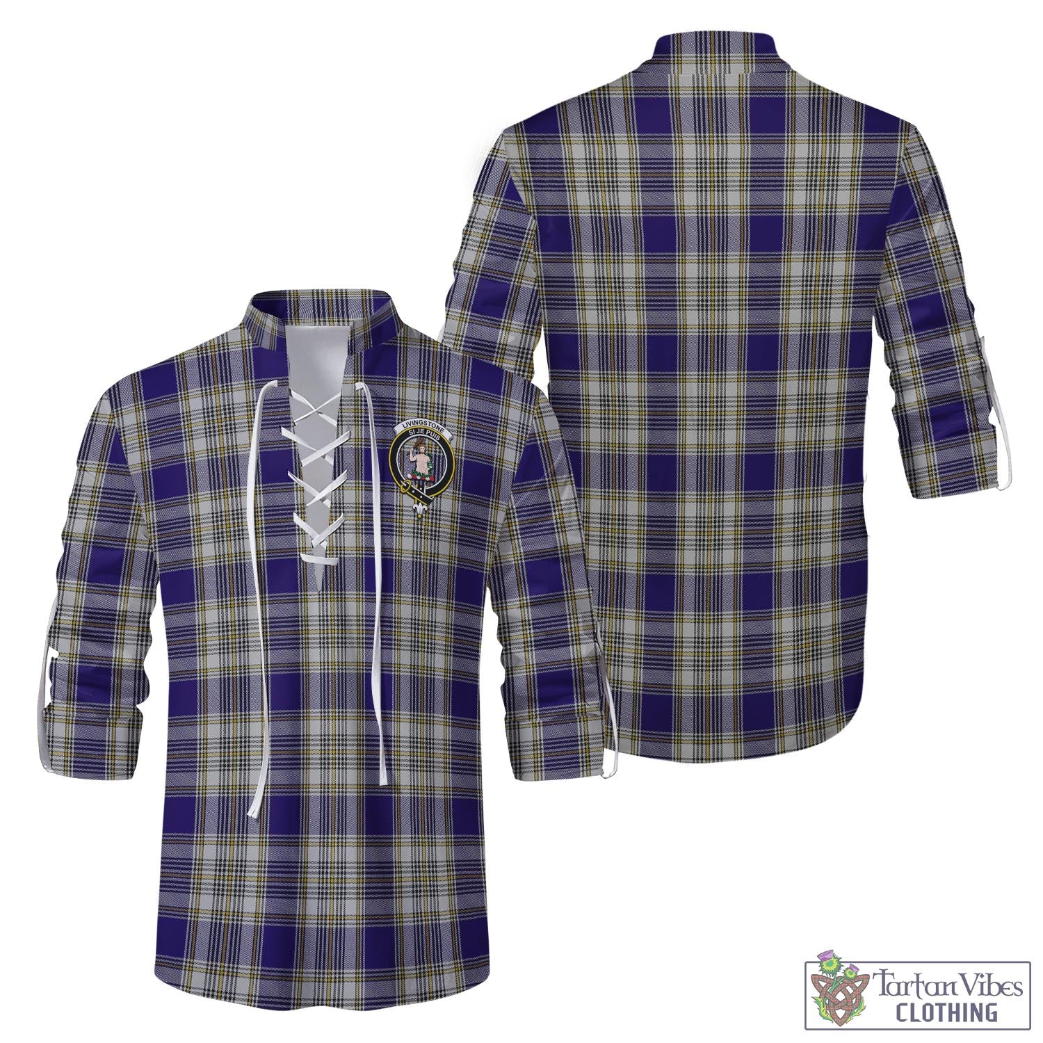 Tartan Vibes Clothing Livingston Dress Tartan Men's Scottish Traditional Jacobite Ghillie Kilt Shirt with Family Crest