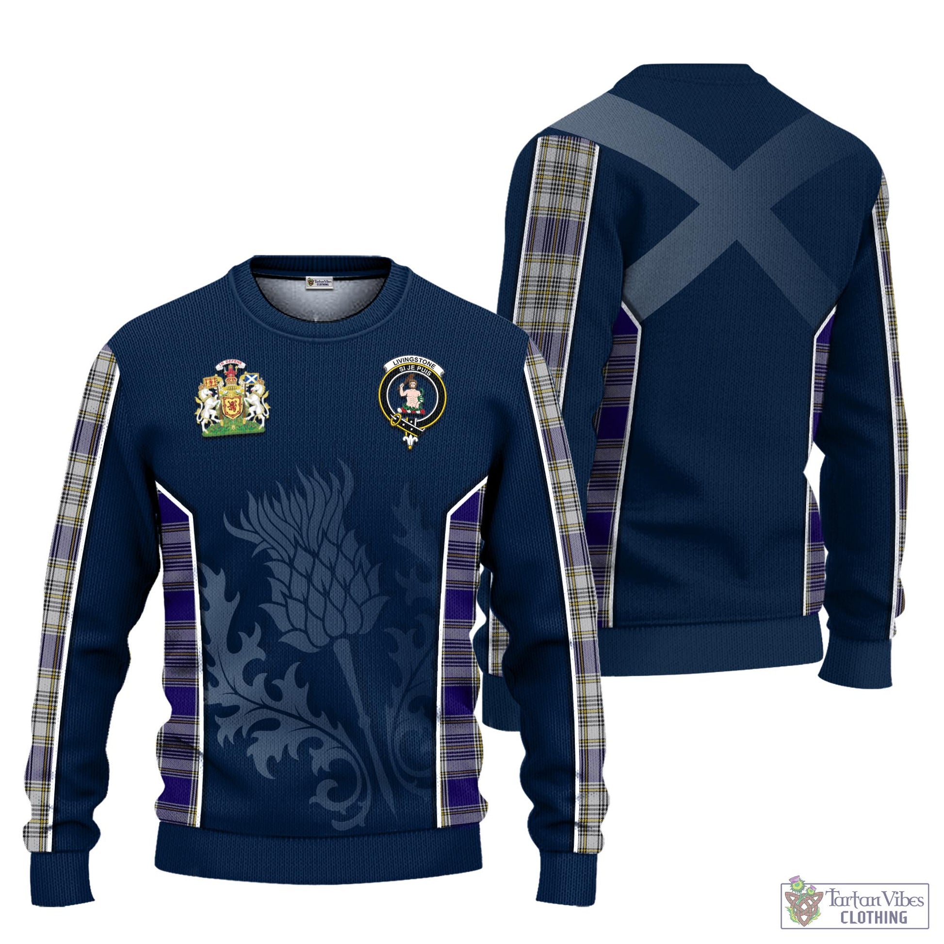 Tartan Vibes Clothing Livingston Dress Tartan Knitted Sweatshirt with Family Crest and Scottish Thistle Vibes Sport Style