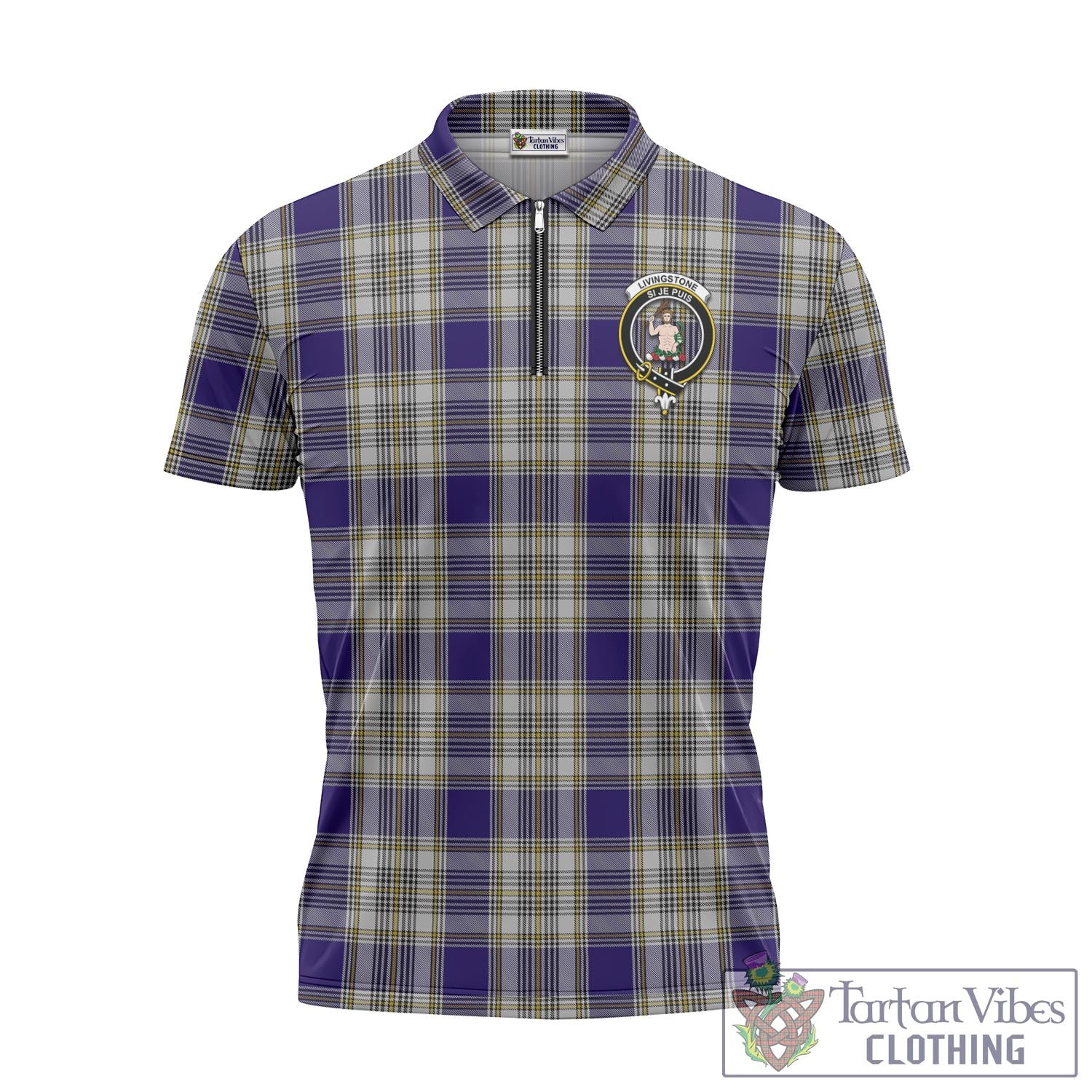 Tartan Vibes Clothing Livingston Dress Tartan Zipper Polo Shirt with Family Crest