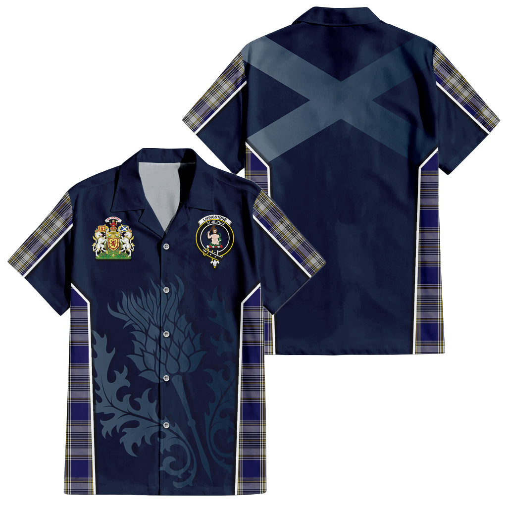 Tartan Vibes Clothing Livingston Dress Tartan Short Sleeve Button Up Shirt with Family Crest and Scottish Thistle Vibes Sport Style