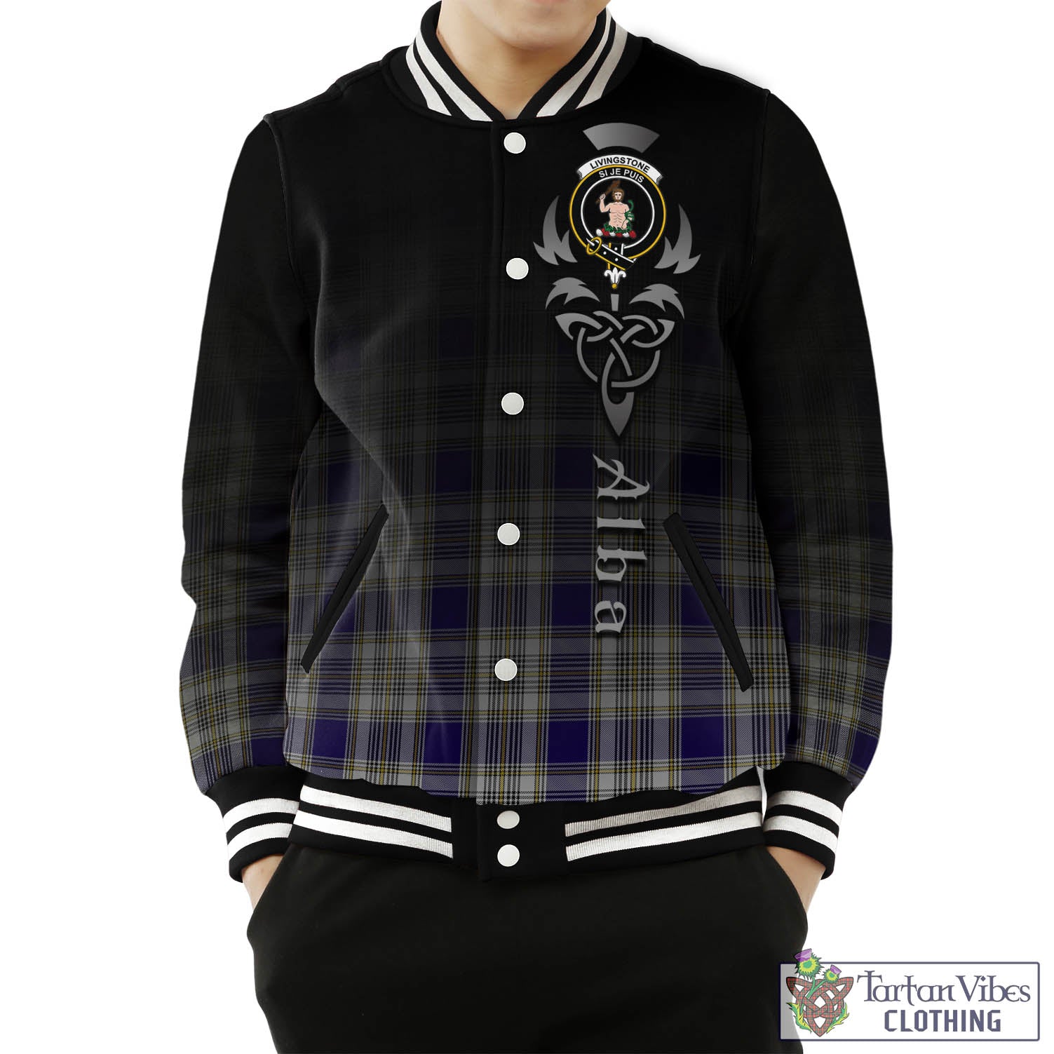 Tartan Vibes Clothing Livingston Dress Tartan Baseball Jacket Featuring Alba Gu Brath Family Crest Celtic Inspired