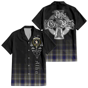 Livingstone Dress Tartan Short Sleeve Button Up Shirt Featuring Alba Gu Brath Family Crest Celtic Inspired