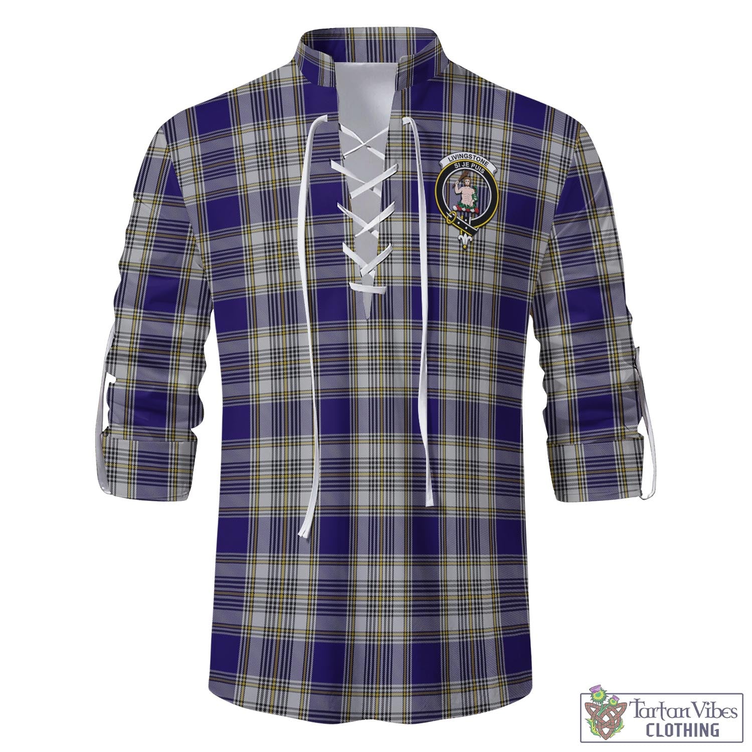 Tartan Vibes Clothing Livingston Dress Tartan Men's Scottish Traditional Jacobite Ghillie Kilt Shirt with Family Crest