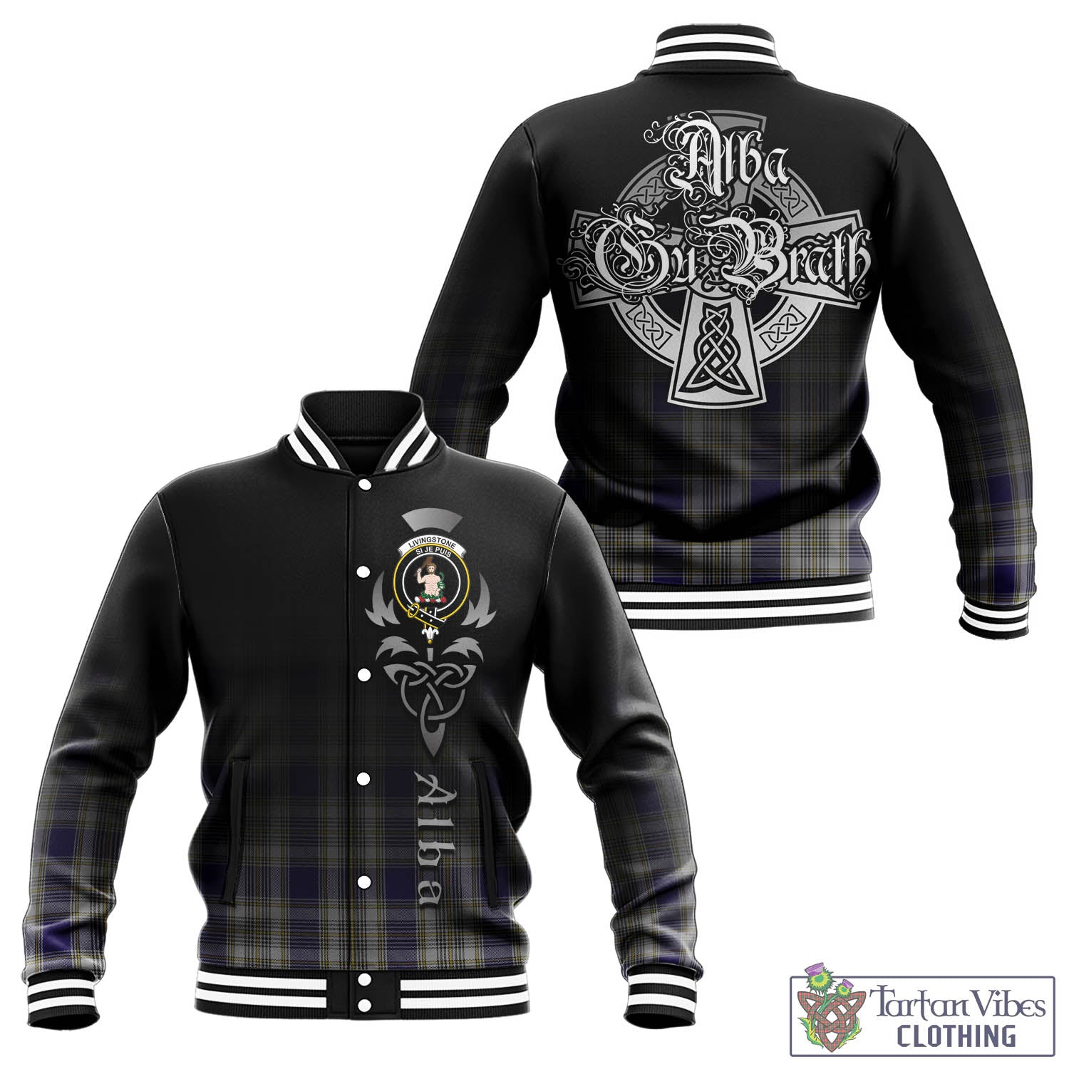 Tartan Vibes Clothing Livingston Dress Tartan Baseball Jacket Featuring Alba Gu Brath Family Crest Celtic Inspired