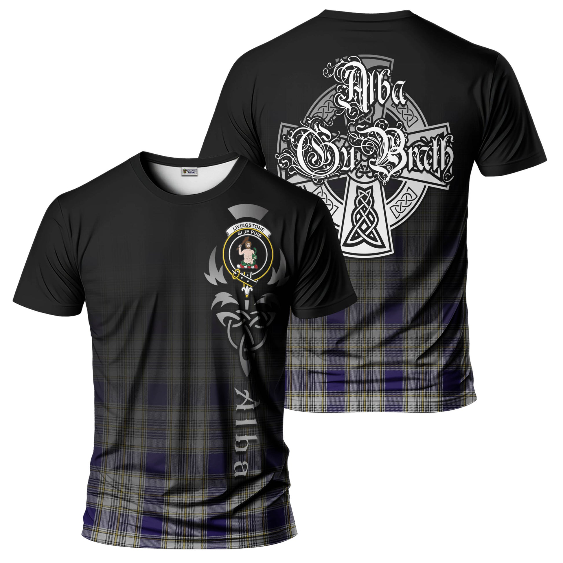 Tartan Vibes Clothing Livingston Dress Tartan T-Shirt Featuring Alba Gu Brath Family Crest Celtic Inspired