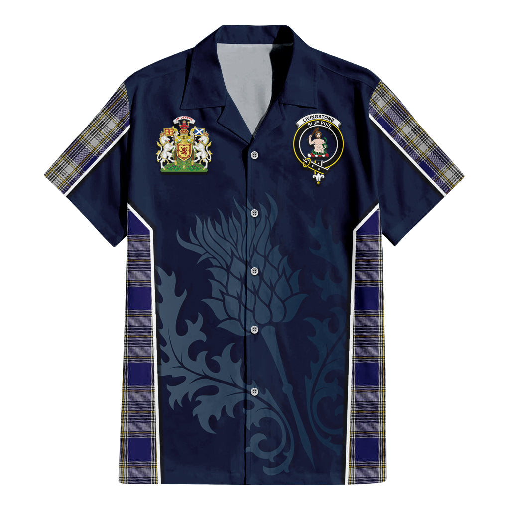 Tartan Vibes Clothing Livingston Dress Tartan Short Sleeve Button Up Shirt with Family Crest and Scottish Thistle Vibes Sport Style