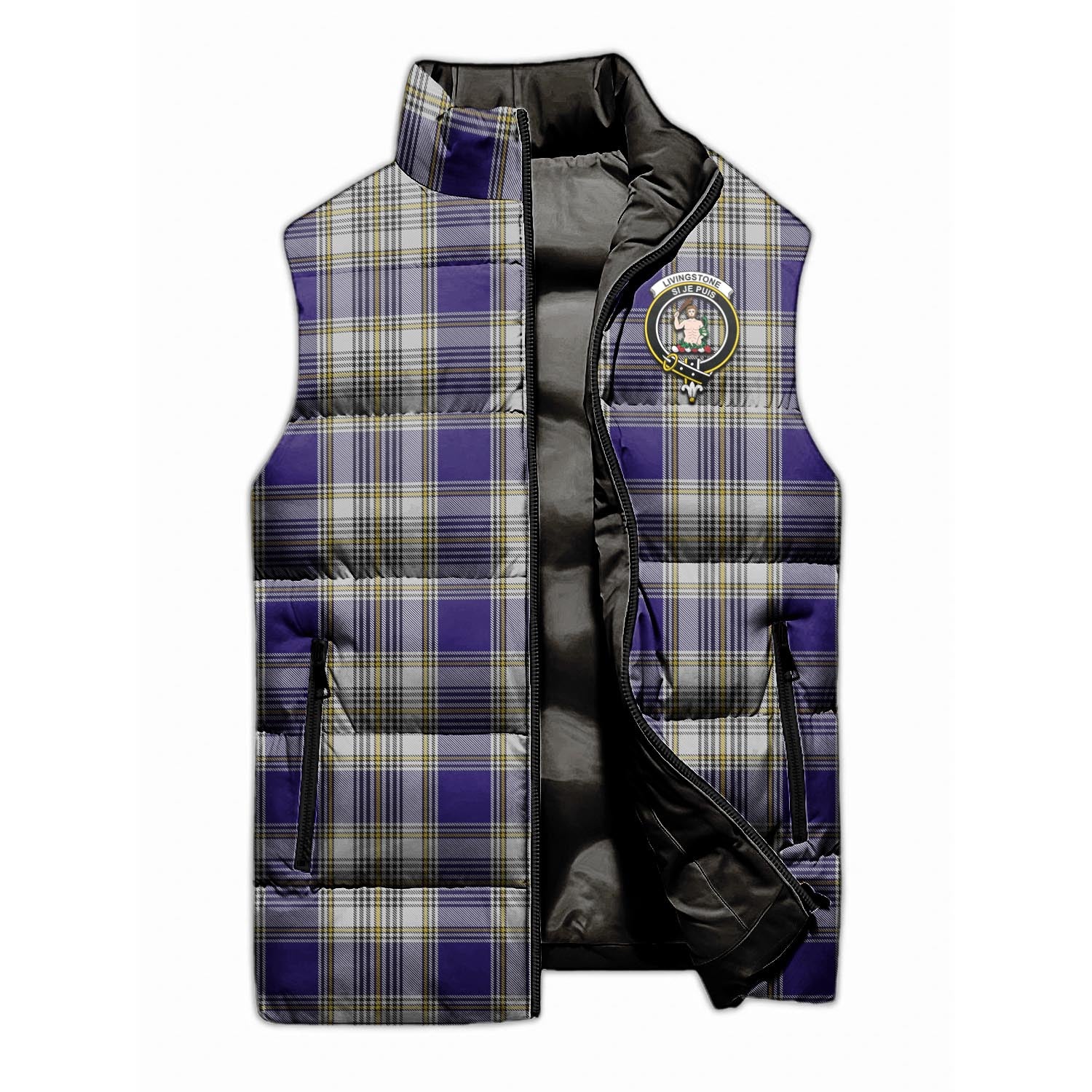 Livingston Dress Tartan Sleeveless Puffer Jacket with Family Crest - Tartanvibesclothing