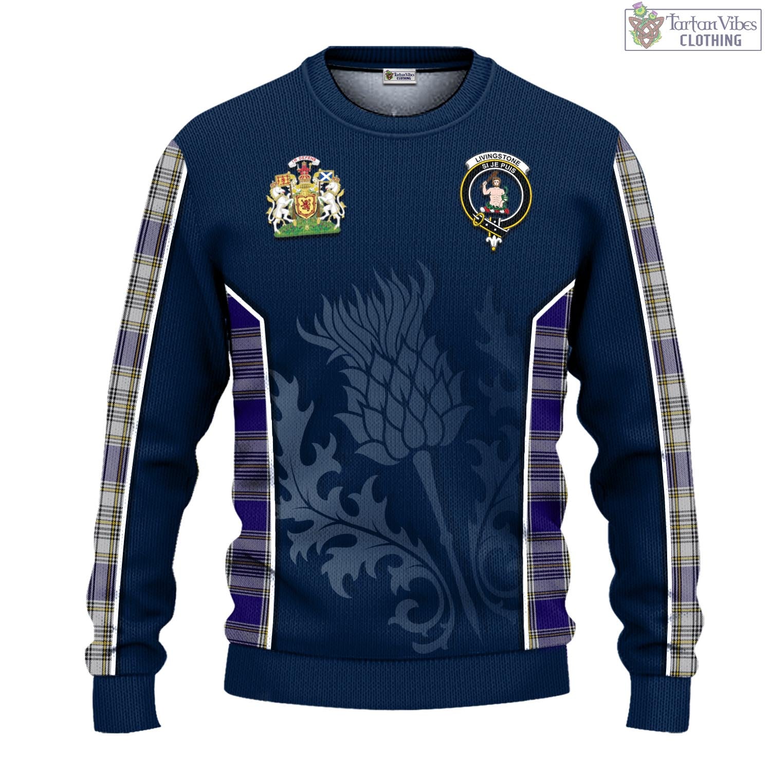 Tartan Vibes Clothing Livingston Dress Tartan Knitted Sweatshirt with Family Crest and Scottish Thistle Vibes Sport Style