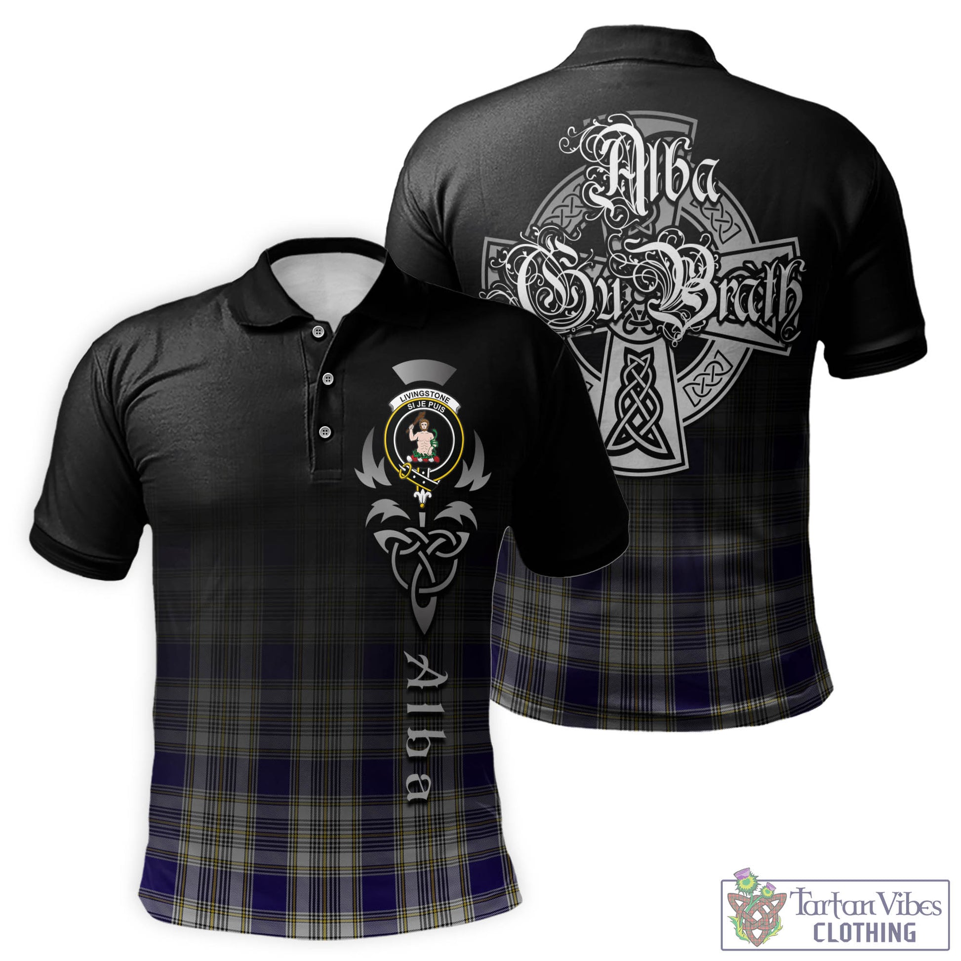 Tartan Vibes Clothing Livingston Dress Tartan Polo Shirt Featuring Alba Gu Brath Family Crest Celtic Inspired