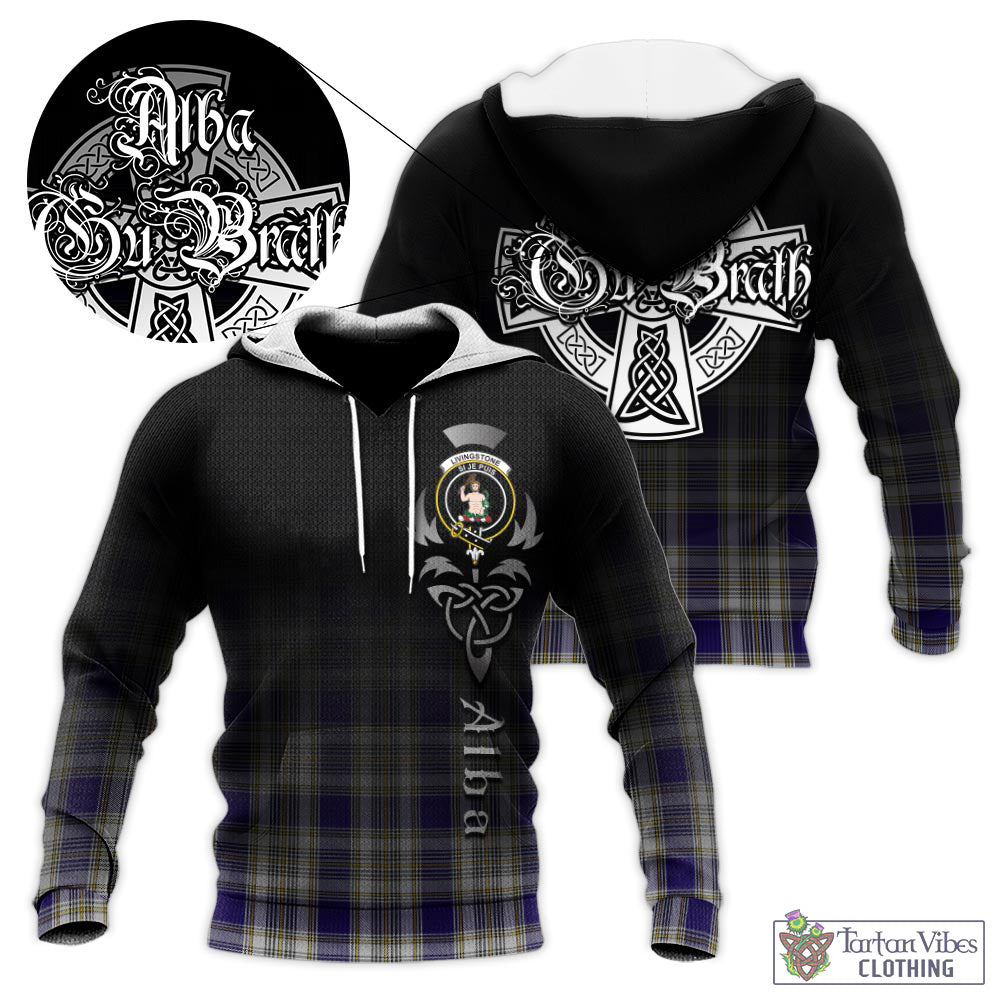 Tartan Vibes Clothing Livingston Dress Tartan Knitted Hoodie Featuring Alba Gu Brath Family Crest Celtic Inspired