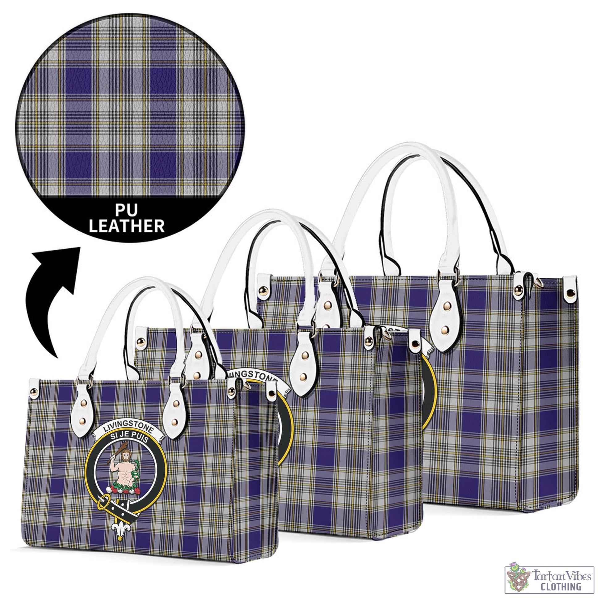 Tartan Vibes Clothing Livingston Dress Tartan Luxury Leather Handbags with Family Crest