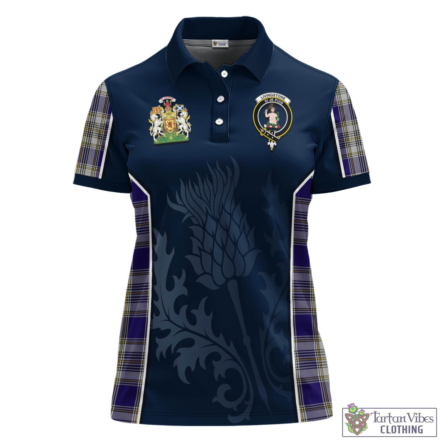 Tartan Vibes Clothing Livingston Dress Tartan Women's Polo Shirt with Family Crest and Scottish Thistle Vibes Sport Style