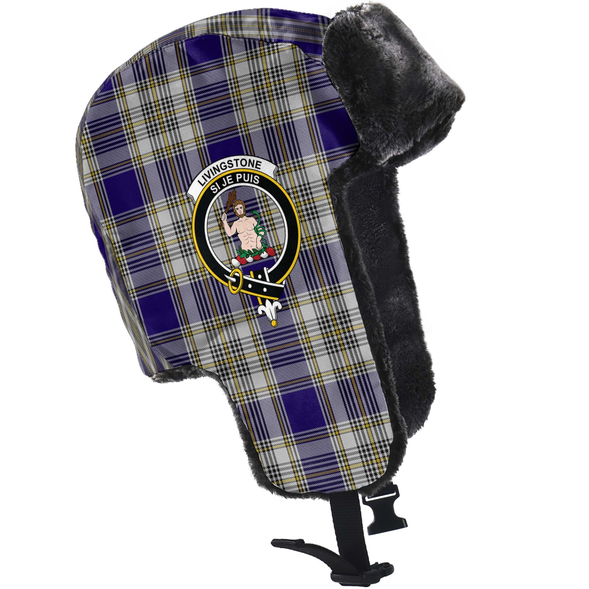 Livingston Dress Tartan Winter Trapper Hat with Family Crest - Tartanvibesclothing