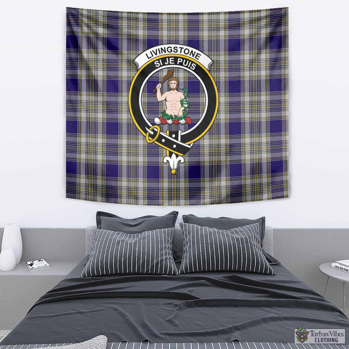 Tartan Vibes Clothing Livingston Dress Tartan Tapestry Wall Hanging and Home Decor for Room with Family Crest