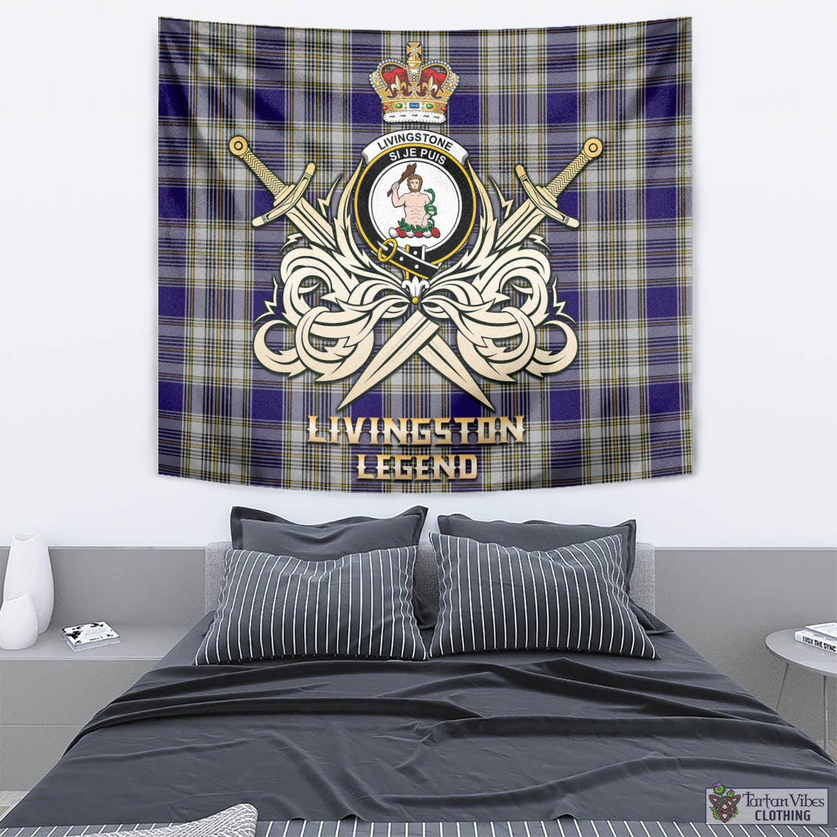 Tartan Vibes Clothing Livingston Dress Tartan Tapestry with Clan Crest and the Golden Sword of Courageous Legacy