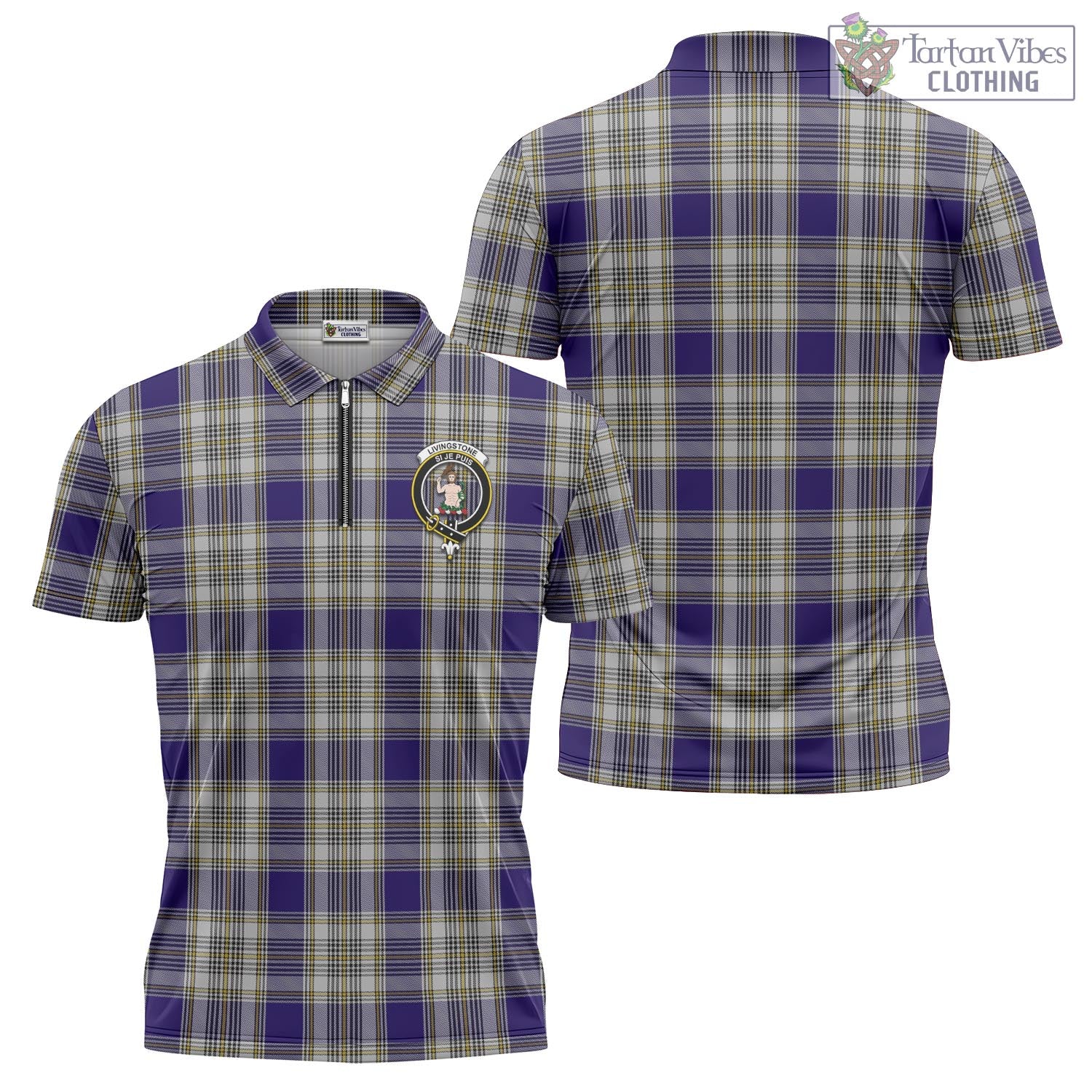 Tartan Vibes Clothing Livingston Dress Tartan Zipper Polo Shirt with Family Crest