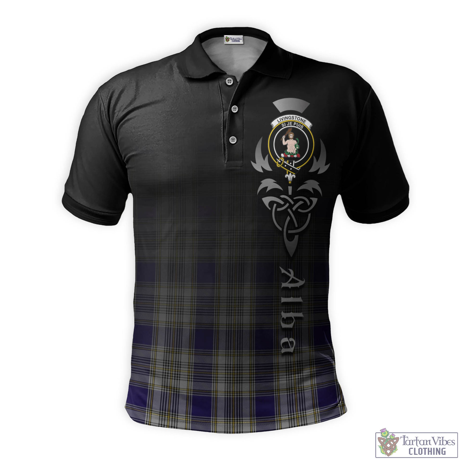 Tartan Vibes Clothing Livingston Dress Tartan Polo Shirt Featuring Alba Gu Brath Family Crest Celtic Inspired