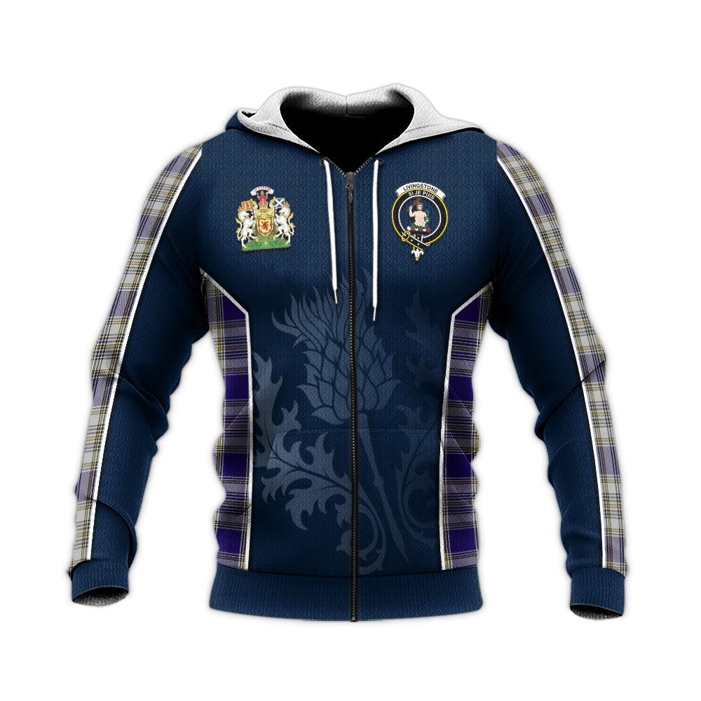 Tartan Vibes Clothing Livingston Dress Tartan Knitted Hoodie with Family Crest and Scottish Thistle Vibes Sport Style