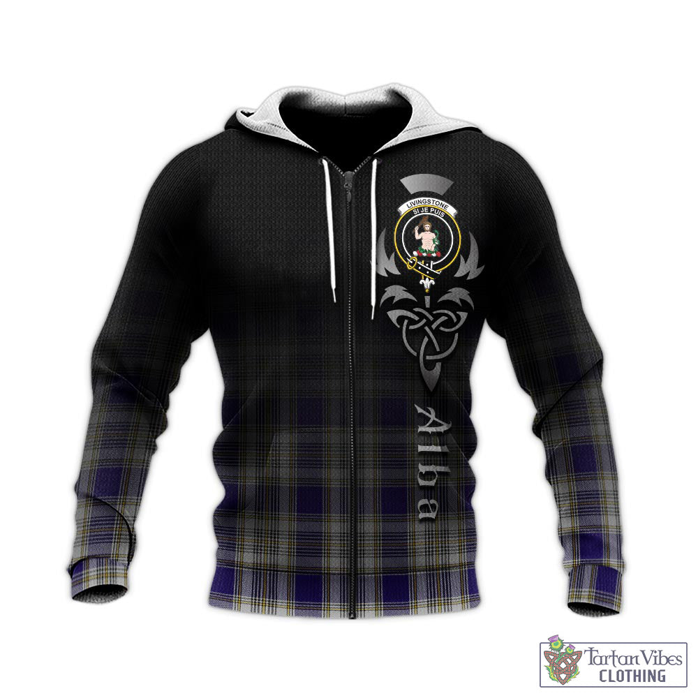 Tartan Vibes Clothing Livingston Dress Tartan Knitted Hoodie Featuring Alba Gu Brath Family Crest Celtic Inspired