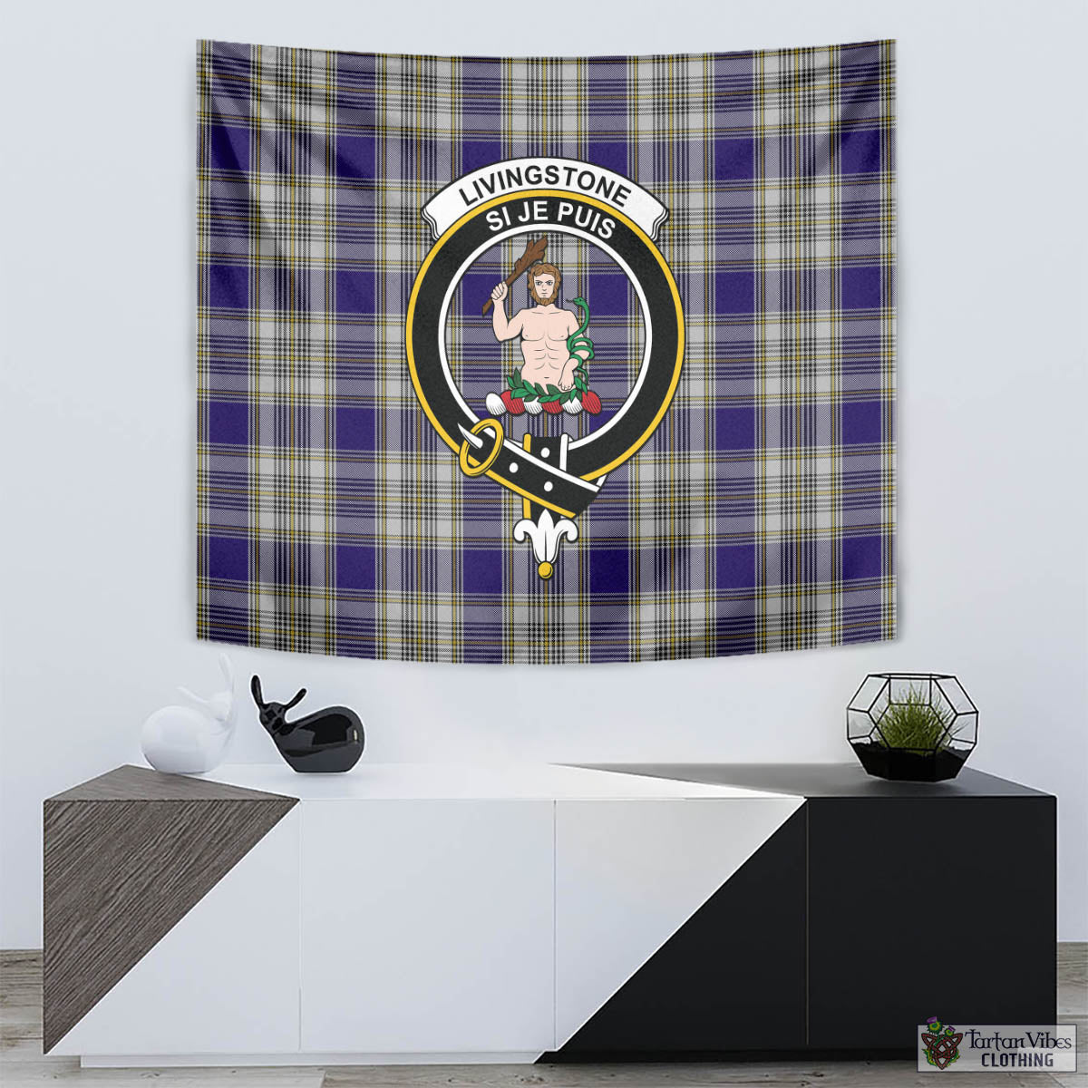 Tartan Vibes Clothing Livingston Dress Tartan Tapestry Wall Hanging and Home Decor for Room with Family Crest