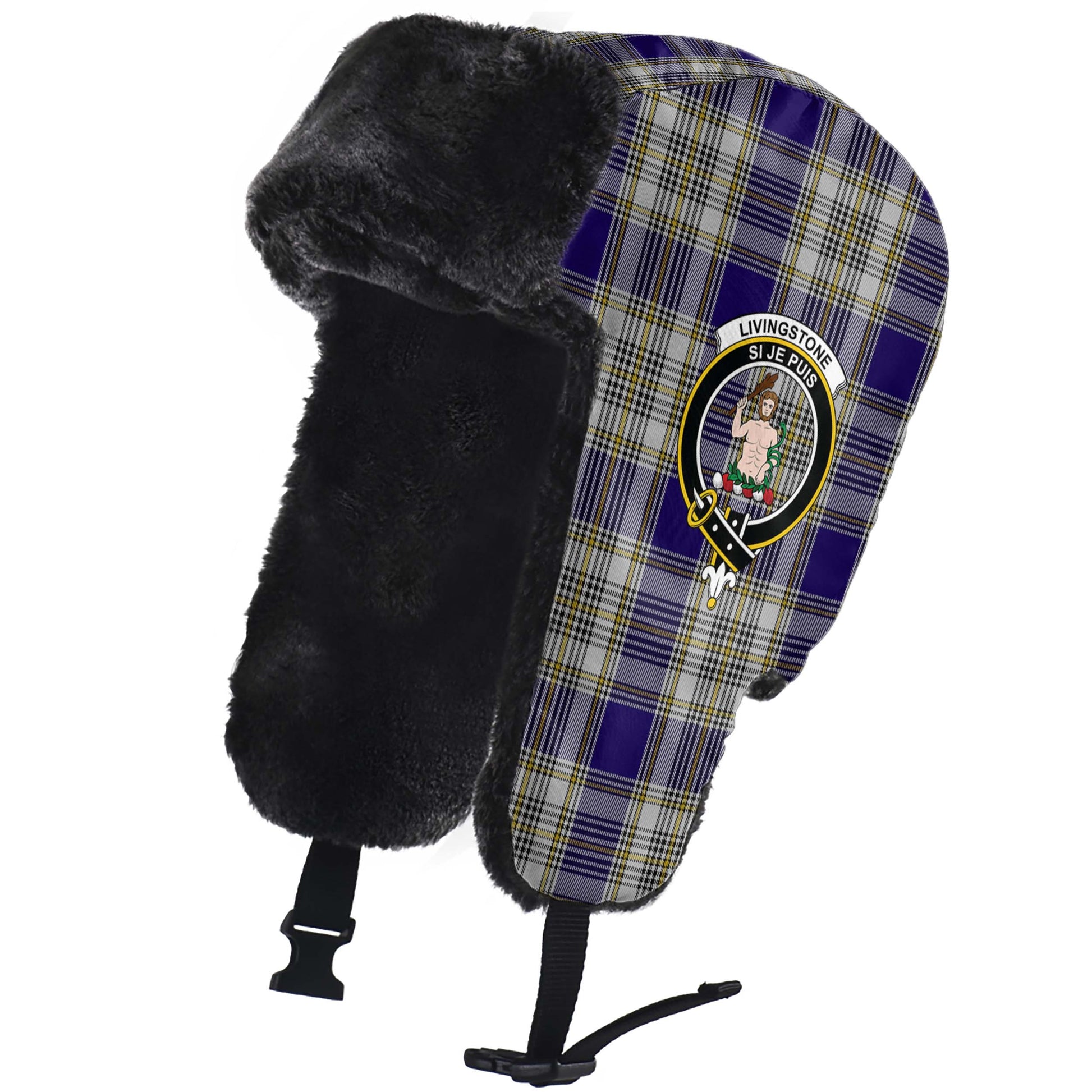 Livingston Dress Tartan Winter Trapper Hat with Family Crest - Tartanvibesclothing