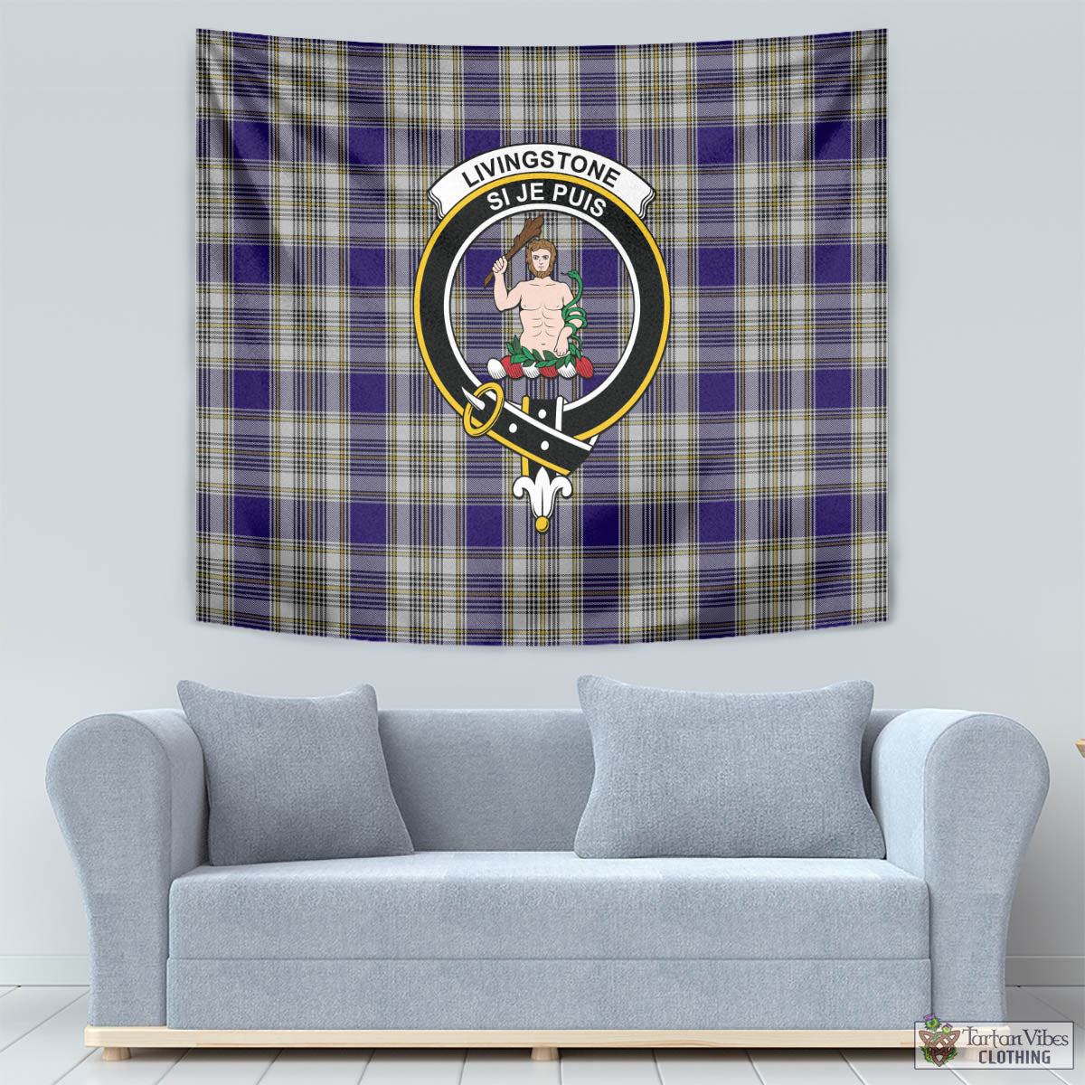 Tartan Vibes Clothing Livingston Dress Tartan Tapestry Wall Hanging and Home Decor for Room with Family Crest