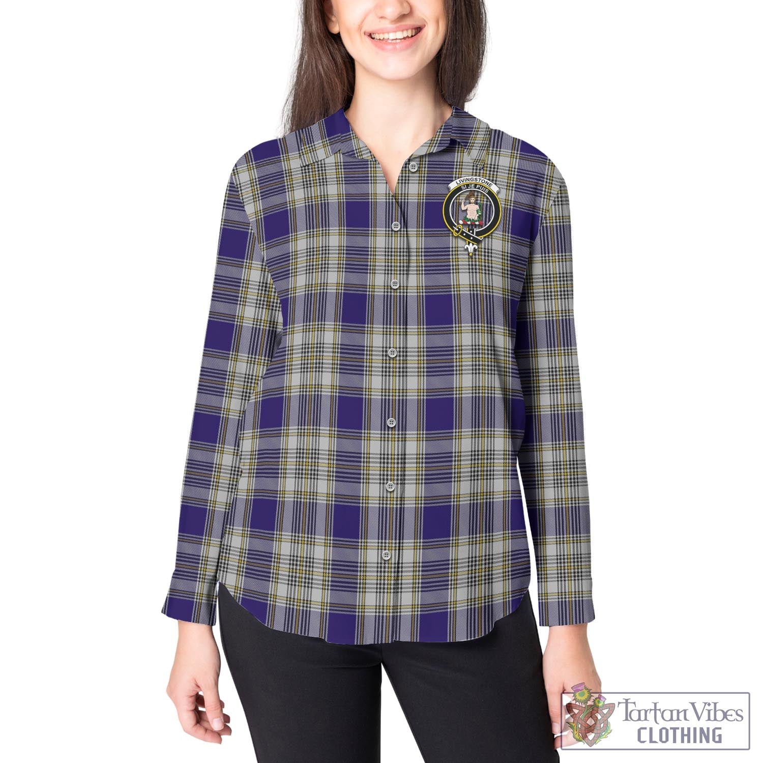 Tartan Vibes Clothing Livingston Dress Tartan Womens Casual Shirt with Family Crest