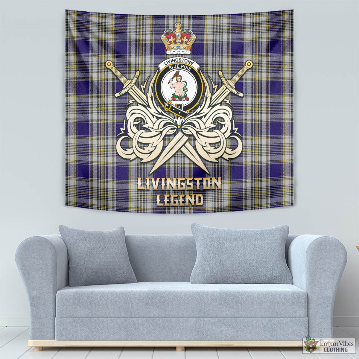 Tartan Vibes Clothing Livingston Dress Tartan Tapestry with Clan Crest and the Golden Sword of Courageous Legacy