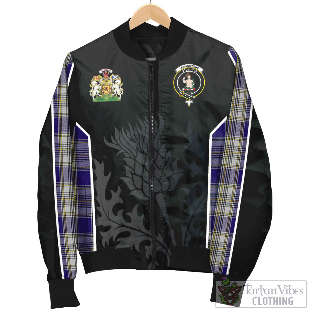 Tartan Vibes Clothing Livingston Dress Tartan Bomber Jacket with Family Crest and Scottish Thistle Vibes Sport Style