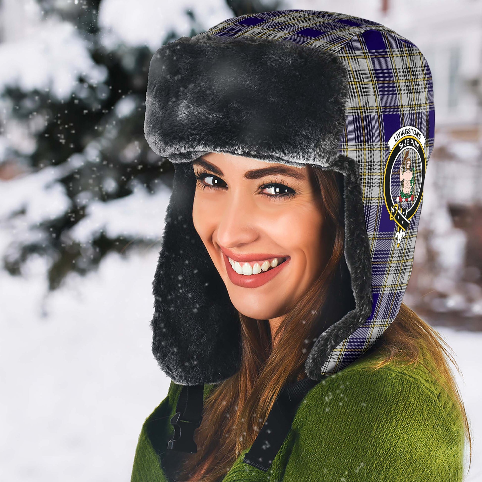 Livingston Dress Tartan Winter Trapper Hat with Family Crest - Tartanvibesclothing