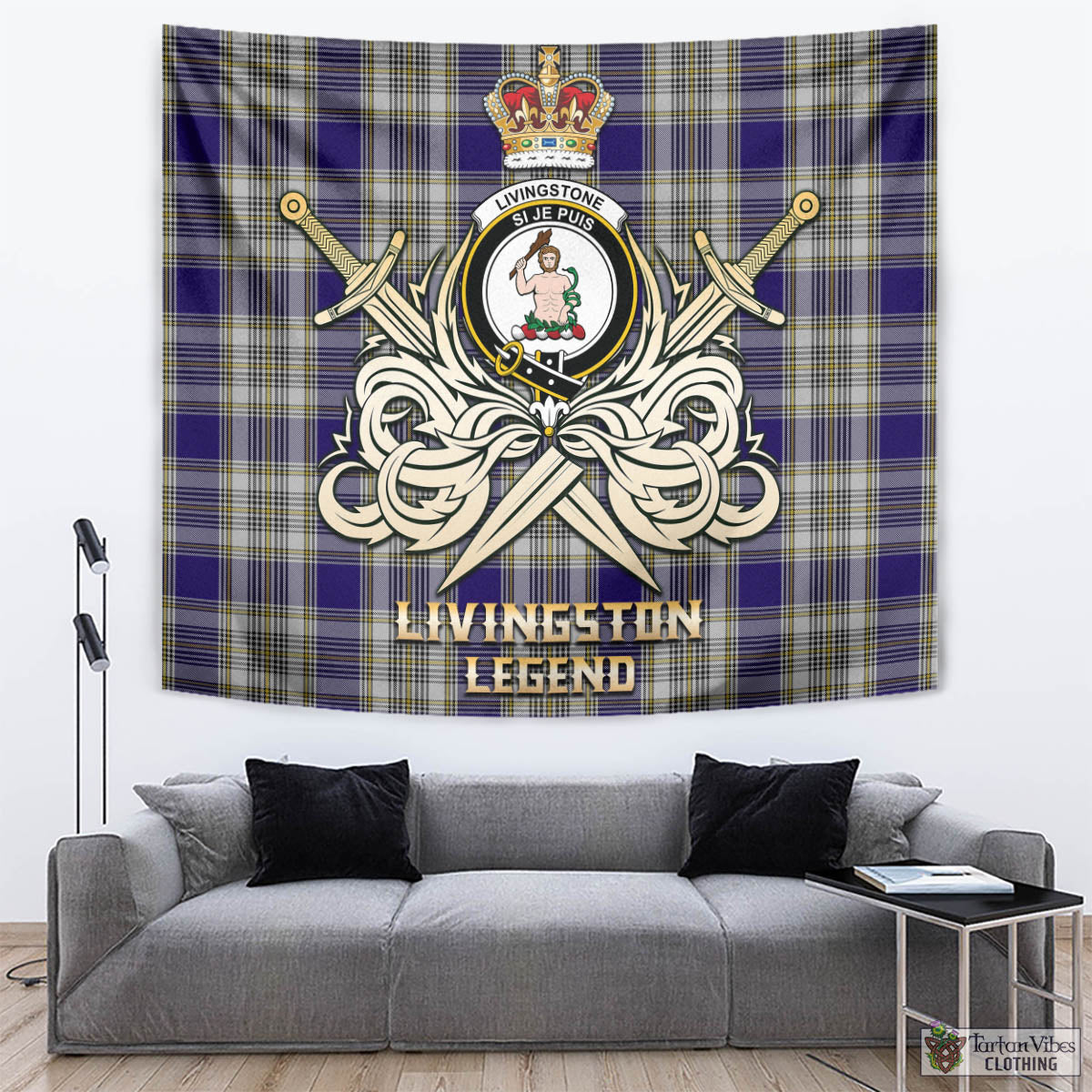 Tartan Vibes Clothing Livingston Dress Tartan Tapestry with Clan Crest and the Golden Sword of Courageous Legacy