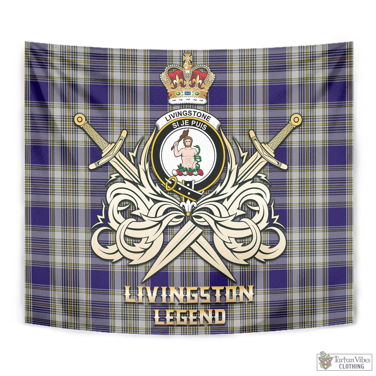 Tartan Vibes Clothing Livingston Dress Tartan Tapestry with Clan Crest and the Golden Sword of Courageous Legacy