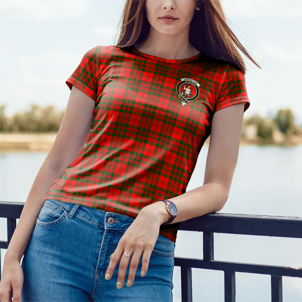 Livingstone Modern Tartan T-Shirt with Family Crest - Tartan Vibes Clothing