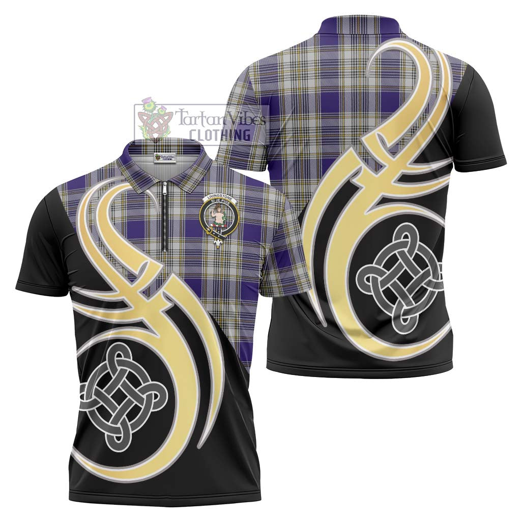 Tartan Vibes Clothing Livingstone Dress Tartan Zipper Polo Shirt with Family Crest and Celtic Symbol Style