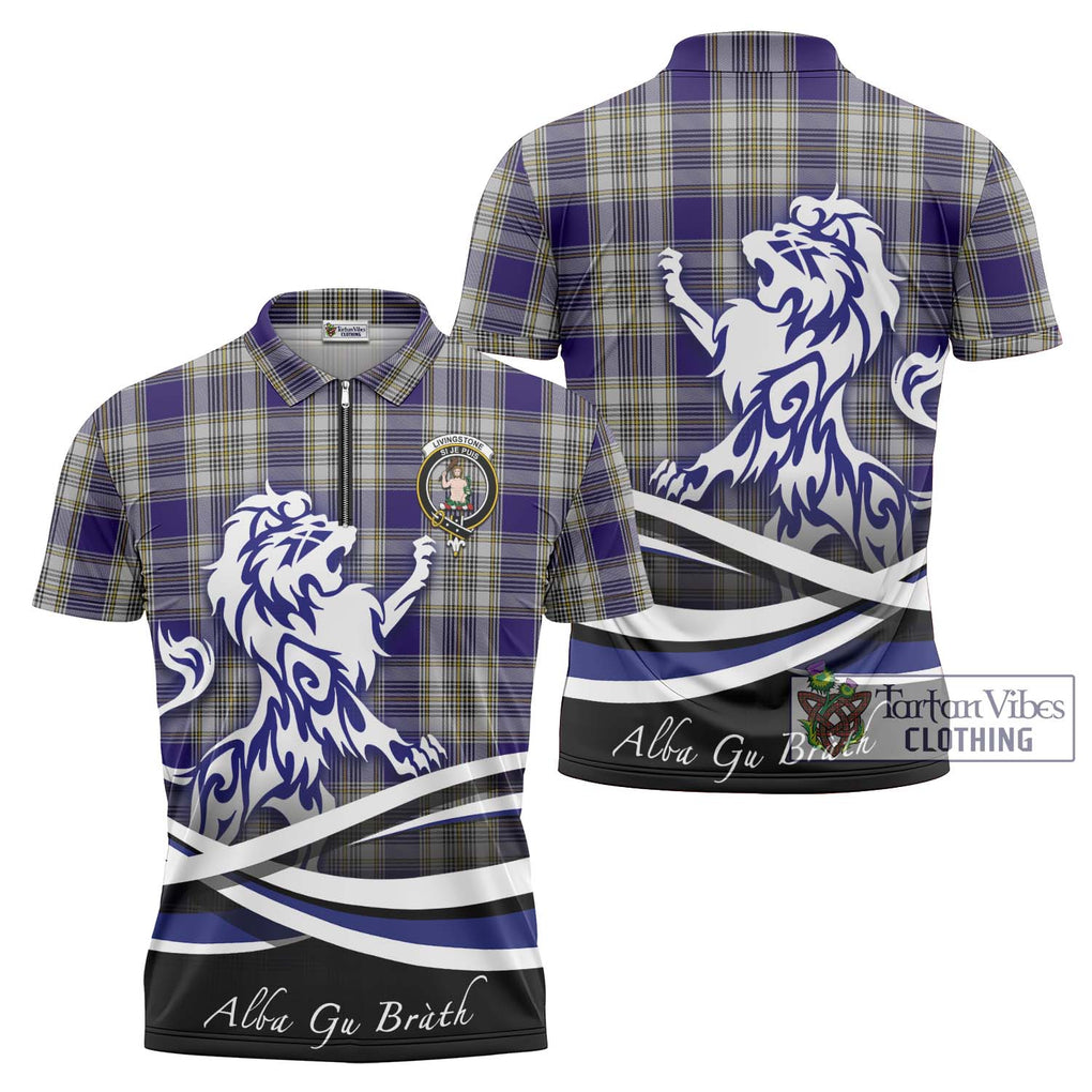 Livingstone Dress Tartan Zipper Polo Shirt with Alba Gu Brath Regal Lion Emblem Unisex - Tartanvibesclothing Shop