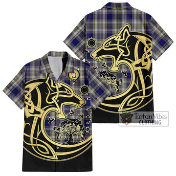 Livingstone Dress Tartan Short Sleeve Button Shirt with Family Crest Celtic Wolf Style